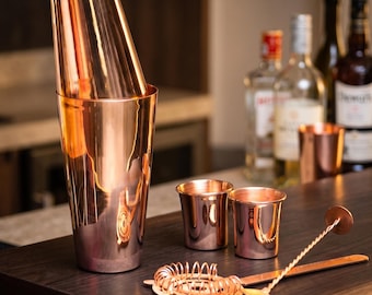 Copper Cocktail Shaker Set, Handmade Mixology Kit, Bar Tool Set with Shot Glasses & Strainer, Bartender Gift, Home Bar Accessories