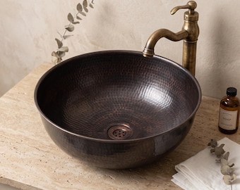 Oil Rubbed Bronze Copper Sink, Round Hammered Vessel Bathroom Basin, Handmade Turkish Copper Sink with Drain, Dark Antique Vanity Bowl