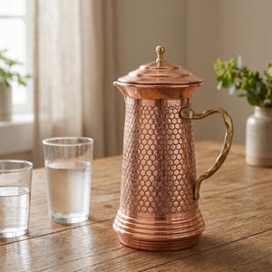 Hammered Copper Pitcher with Lid | Turkish Handmade Water Jug Tin Lined | Brass Handle Honeycomb | Ayurvedic Copper Carafe | Housewarming
