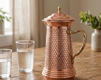 Hammered Copper Pitcher with Lid | Turkish Handmade Water Jug Tin Lined | Brass Handle Honeycomb | Ayurvedic Copper Carafe | Housewarming
