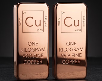 Copper Ingot Bar Set of 2 | 99.9 Fine Copper Bullion 1kg Each | Cu Element Design | Collector Metal Gift | Investment Grade Copper Block