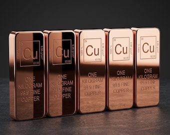 Copper Ingot Bar Set of 5 | 99.9 Fine Copper Bullion 1kg Each | Cu Element Design | Collector Metal Gift | Investment Grade Copper Block