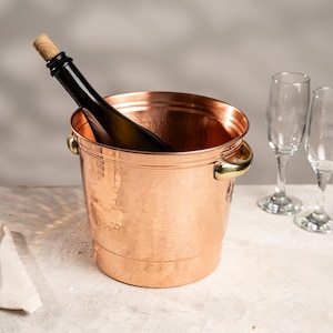 Hammered Copper Ice Bucket with Brass Handles 5000 ml, Copper Bar Decor, Handmade Champagne Cooler