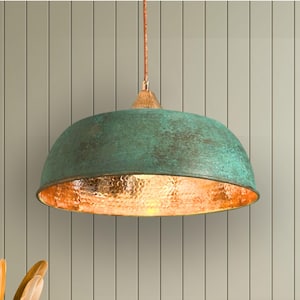 Handmade Verdigris Copper Pendant Light: Rustic Farmhouse Lighting