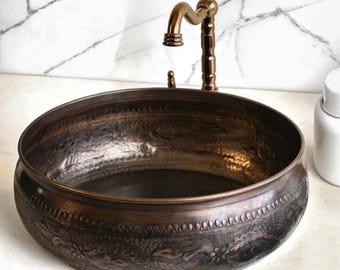 Hand-Engraved Dark Copper Vessel Sink, Farmhouse Kitchen & Bathroom Sink, 400 Diameter