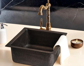 Small Rectangular Hand-Hammered Dark Copper Sink *Copper Drain Cap Included*