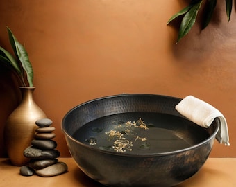 Handmade Hammered Copper Pedicure Bowl: Verdigris Patina Foot Spa