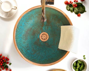 Hand-Hammered Copper Sink with Green Verdigris Patina & Antique Finish *Drain Cap Included*