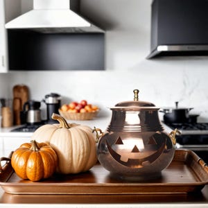 Könnte beinhalten: Ein kupferfarbener Halloween-Kerzenhalter mit einem Kürbisgesicht, einem Deckel und zwei Kürbissen auf einem Holztablett. Die Kürbisse sind orange und weiß. Der Kerzenhalter hat einen Griff auf jeder Seite.