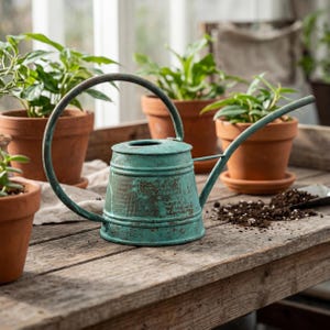 Pode incluir: Um regador de metal turquesa desgastado, com uma alça e um bico curvos, está sobre uma superfície de madeira rústica. Várias plantas em vasos de terracota estão ao fundo, sugerindo um tema de jardinagem. O regador tem um acabamento envelhecido.