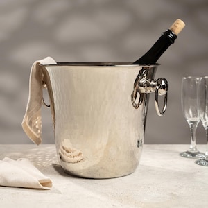 Hammered Silver Copper Champagne Bowl, Solid Copper Ice Bucket with Brass Handles