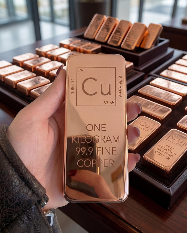 May include: A polished copper bar is held in a hand, displaying the element symbol 'Cu' and the text 'ONE KILOGRAM 99.9 FINE COPPER'. The bar has the atomic number 29 and other scientific data. Other copper bars are visible in the background.