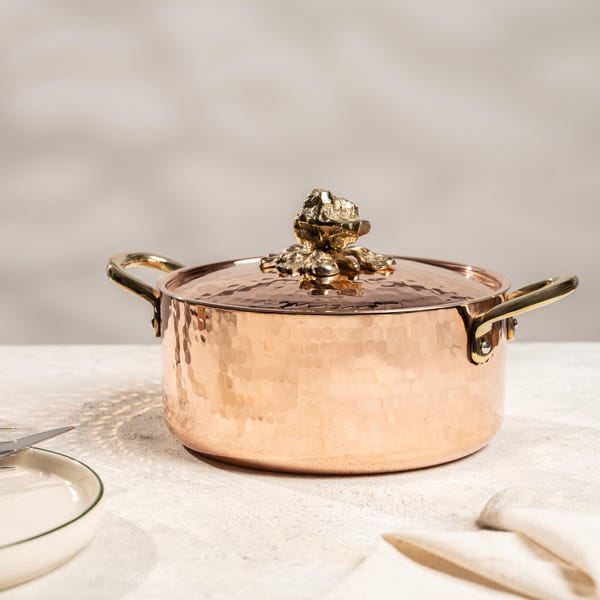 Casseruola in rame martellato con coperchio in ottone, pentole da chef in rame massiccio da 3000 ml