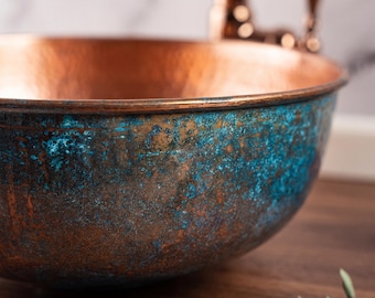 Handcrafted Oxidized Copper Bathroom Sink, Green Patina Vanity Basin, Rustic Hammered Copper Wash Bowl