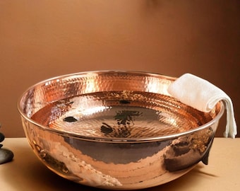 Handmade Hammered Copper Foot Soaking Bowl: Verdigris Patina