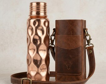 Hammered Copper Water Bottle with Leather Crossbody Carrier Set