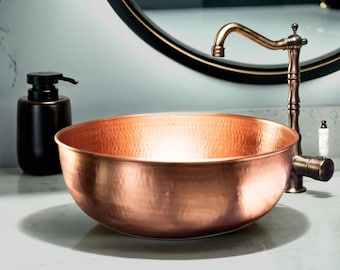 Hammered Matte Copper Vessel Sink, Rustic Farmhouse Copper Basin