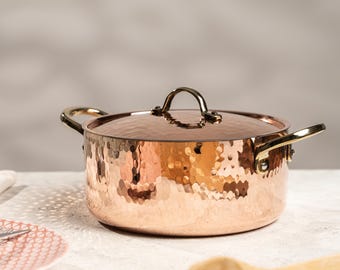 Gehamerde koperen pan met deksel | Handgemaakt Turks koperen kookgerei met tinlaag | Messing handvat | 2,5 liter koperen steelpan | Keukencadeau voor chef-kok