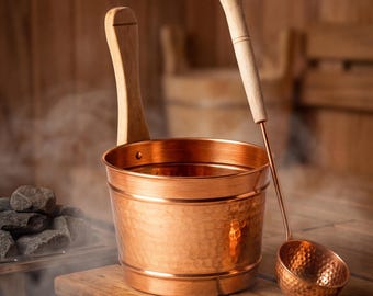 Handmade Copper Sauna Bucket and Ladle Set - Turkish Hammam (Spa) Gift - 100% Solid Copper