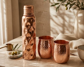 Hammered Copper Water Bottle Tumblers Gift Set | Handcrafted Hammered Copper Bottle with 2 Cups