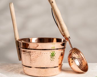 Cubo de sauna de cobre hecho a mano de 5000 ml con mango de madera y juego de cucharones, tamaño grande.
