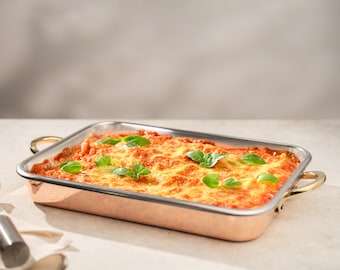 Handmade Copper Baking Tray, Solid Copper Roasting Pan with Brass Handles