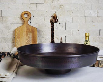 Hand Hammered Dark Copper Wide Vessel Sink, Handmade Copper Kitchen & Bathroom Basin