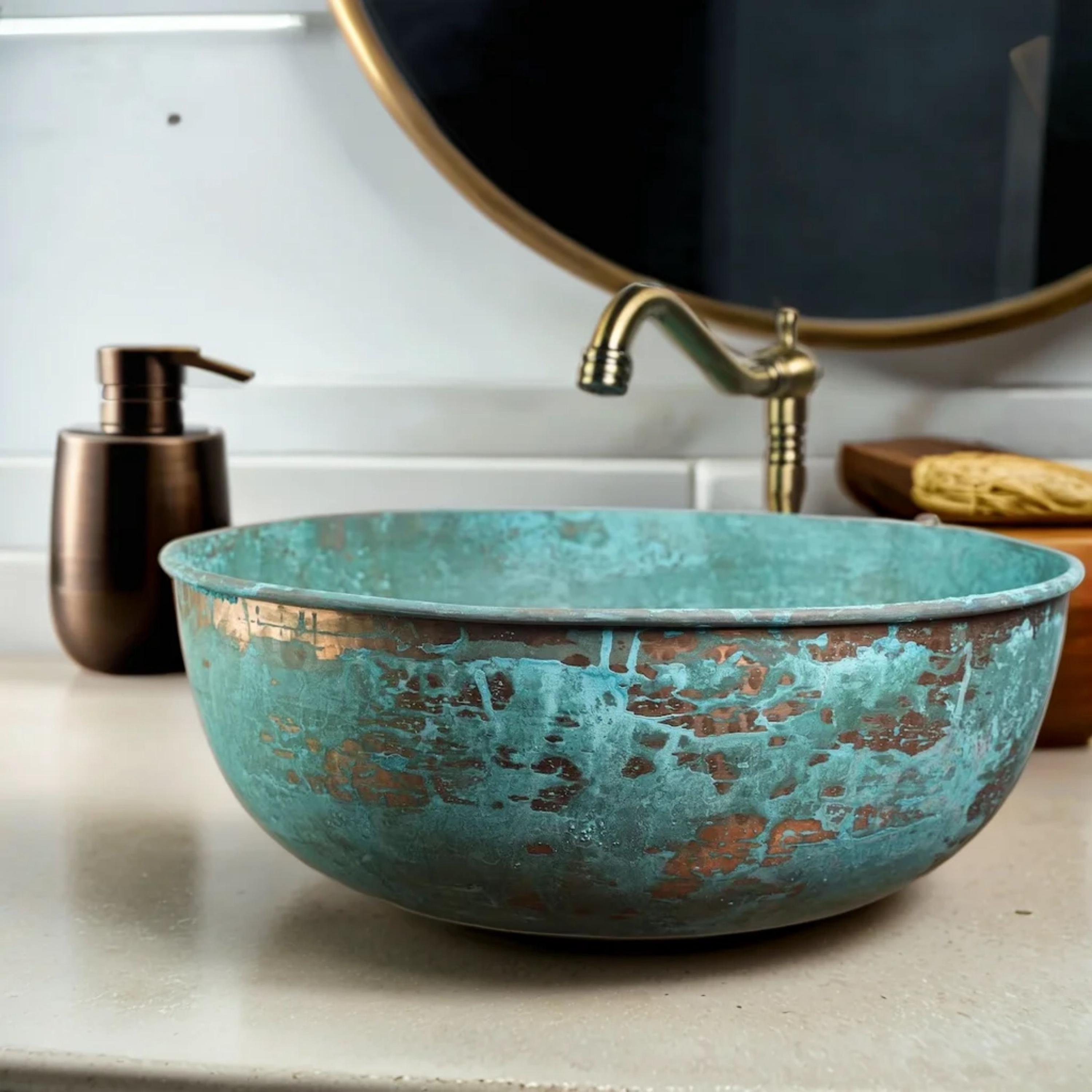 Patina Hammered Copper Vessel Sink – Farmhouse Rustic Copper Bathroom & Kitchen Sink, Elegant Copper Vanity Sink for Bar and Prep
