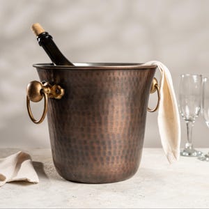 Hammered Dark Copper Champagne Bowl, Solid Copper Ice Bucket with Brass Handles