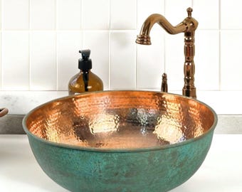 Hand-Hammered Copper Sink with Green Verdigris Patina & Polished Interior Basin