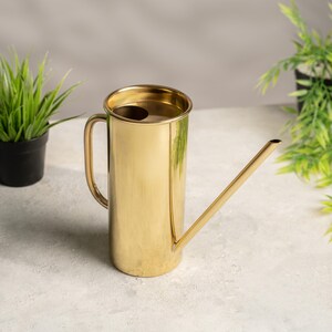 Könnte beinhalten: Eine goldfarbene Gießkanne mit langem Ausguss und gebogenem Griff. Die Gießkanne besteht aus glänzendem Metall und hat einen zylindrischen Körper. Das Design ist schlicht und elegant, geeignet für den Innen- oder Außenbereich. Sie ist etwa 30 cm hoch.