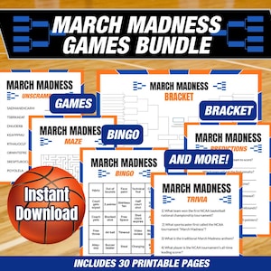 May include: A printable March Madness game bundle with 30 pages. The bundle includes a bracket, bingo, unscramble, maze, predictions, and trivia games. The games are themed with basketball and have orange and blue accents.