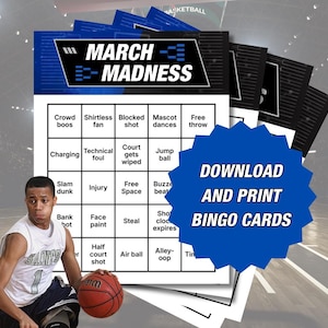 May include: A printable March Madness bingo card with a basketball player in the background. The card has squares with different basketball events like "crowd boos", "shirtless fan", "blocked shot", "mascot dances", "free throw", "charging", "technical foul", "court gets wiped", "jump ball", "slam dunk", "injury", "free space", "buzzer beater", "bank shot", "face paint", "steal", "shot clock expires", "half court shot", "air ball", "alley-oop", and "timeout".