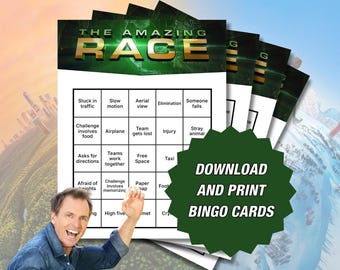 May include: A set of five bingo cards with the title "The Amazing Race" printed at the top. The cards are designed for a game of bingo with squares containing phrases related to the popular reality TV show "The Amazing Race".