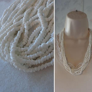 Vintage White Glass Bead Necklace Multi-Strand Angular Cut White Milk Glass Beads Beaded Torsade Necklace Gold Tone End Caps 24&quot; Length