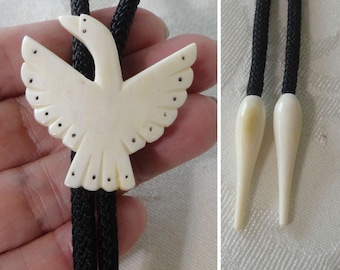 Vintage Carved Bone SWAN Bolo Tie Artisan One of a Kind Swan Long Neck Bird Design Slide & Tips Black Cotton Cord Unisex Bolo Tie Estate