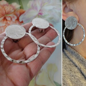 Vintage Buffalo Indian Head Nickel Clip on Earrings Faux Buffalo Nickels Wavy Texture Hoop Shiny Silver Plated Metal Western Cowgirl Core