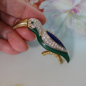 Vintage Crystal Parrot Brooch Pin Vibrant Color Green & Blue Enamel Gold Plated Metal Sparkling Crystals Tropical Parrot Estate Jewelry