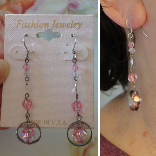 Vintage Pink Crystals Dangle Earrings New Old Stock Pink Swarovski Crystals Silver Plated Metals Long Dangle Pierced Earrings on Card 2-3/8"