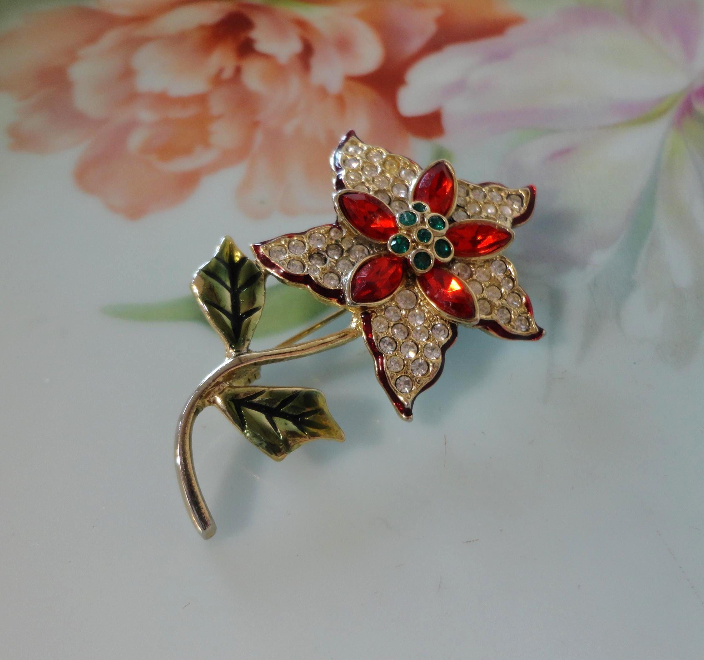 Vintage Style Red Poinsettia Flower Brooch With Rhinestones - Enamel Christmas Pin - View #4