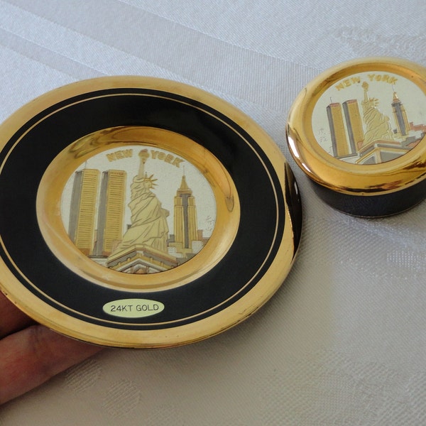 Vintage Japanese Chokin Art 24KT Gold Edged Plate & Trinket Box New York City World Trade Center-Statue of Liberty-Empire State Building