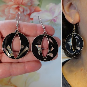 Vintage Mexico Alpaca Earrings Artisan Chipped Iridescent Abalone Shell Inlay & Black Enamel Mexican Alpaca Silver Metal Estate Jewelry
