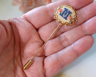 Vintage Initial M Stickpin Handmade Counted Cross Stitch Pin Gold Tone Letter Monogram Initial M Stick Pin Coat-Hat-Lapel Pin Estate Jewelry