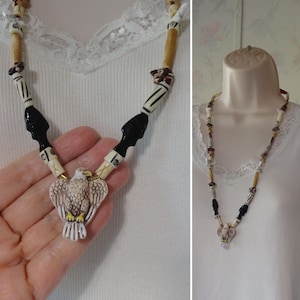 Vintage Southwestern Eagle Beaded Necklace OOAK Artisan Necklace Resin Eagle-Gemstone Fetish-Bone Hairpipe-Carved Bone & Batik Beads