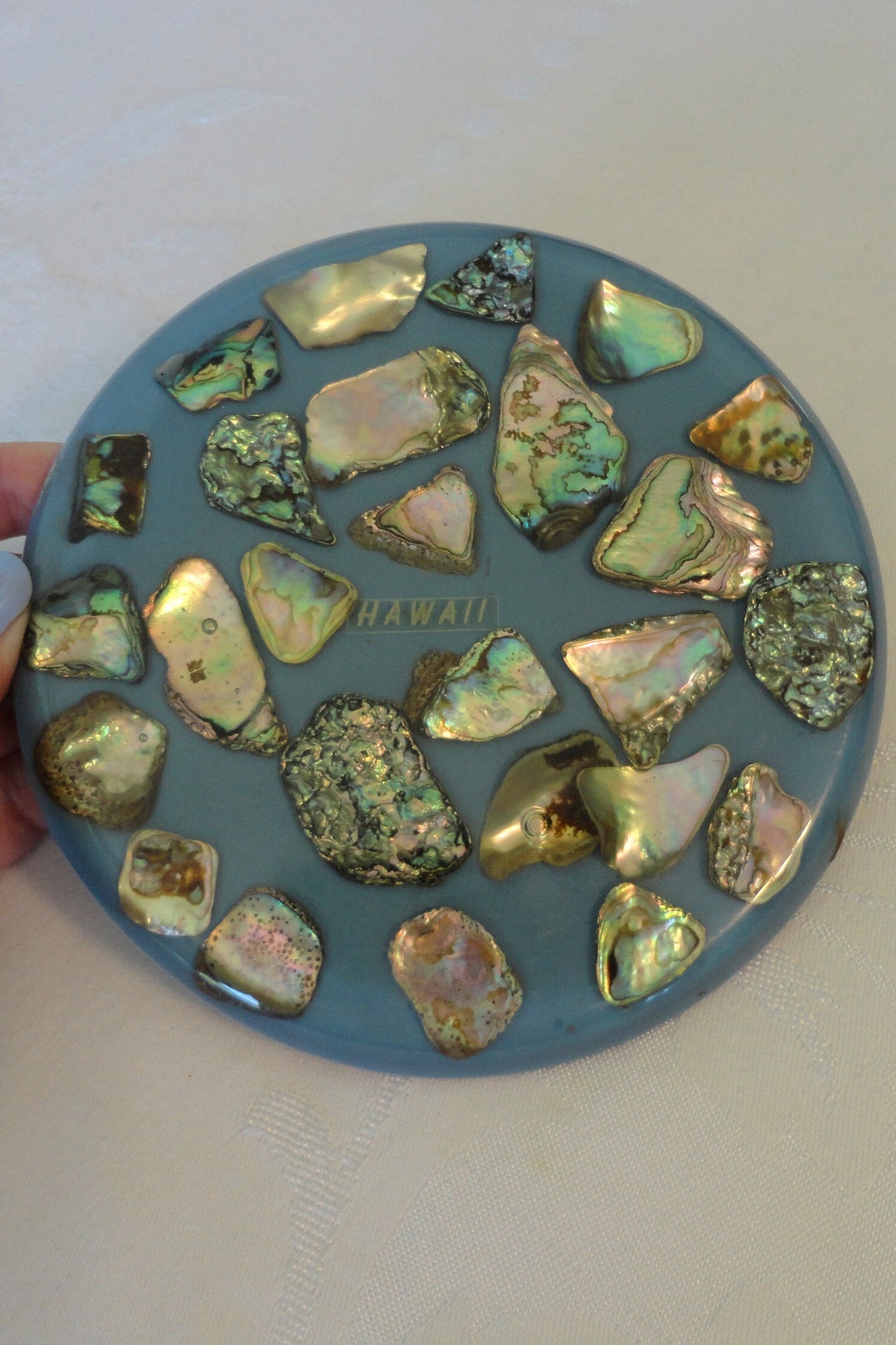 1950s Iridescent Abalone Shell Hawaii Trivet Hot Plate Lucite Encased ...