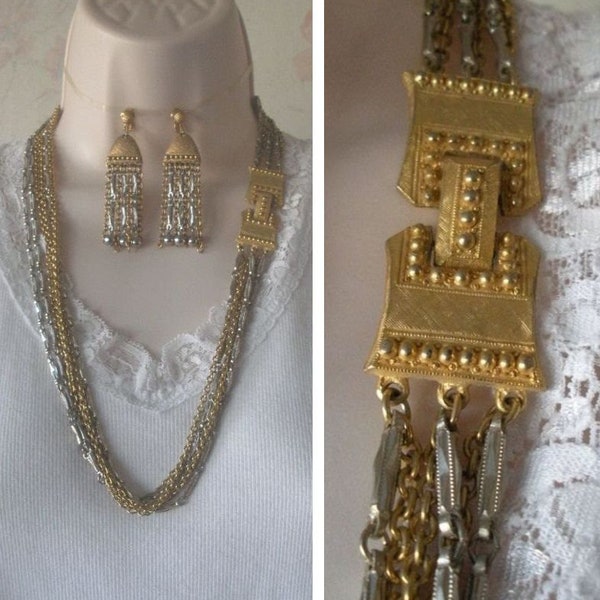 Rare Vintage CELEBRITY NY Signed Multi-Strand Gold/Silver Tone Mixed Assorted Styles Chain Necklace + Clip Earrings SET Ornate Clasp