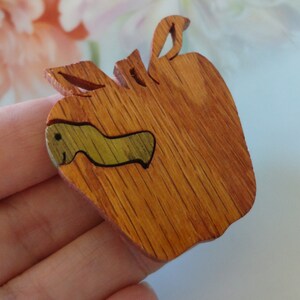 Vintage Artisan Worm in Apple Wooden Brooch Pin Cute Teacher Gift Back to School Laser Cute Apple & Green Worm Nicely Made Artisan Pin