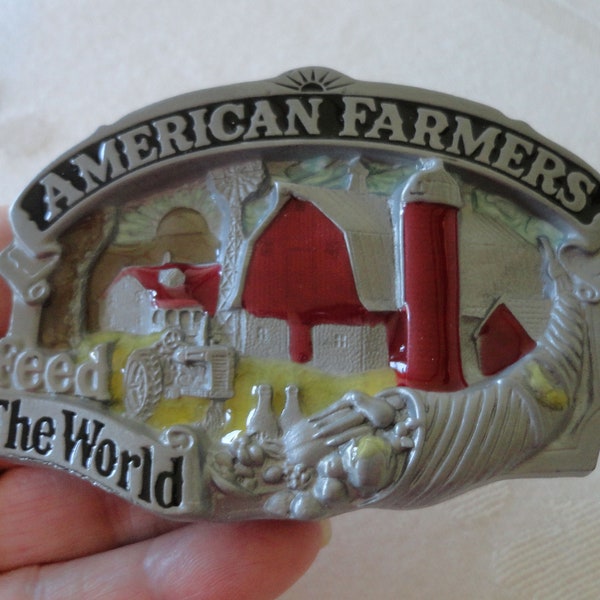 NOS Vintage "American Farmers Feed the World" Belt Buckle Zinc-Enamel Great American Products 1984 New Old Stock Farming Industry Buckle