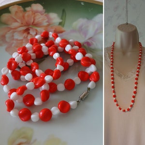 Vintage Glass Beads Necklace Red & White Glass Beads Abstract Shapes 32&quot; Length Barrel Clasp Vintage Estate Jewelry