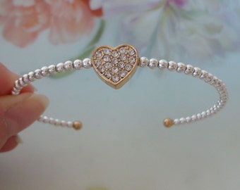 Vintage Crystal Heart Charm Beaded Cuff Bracelet Silver & Gold Plated Metals Unique Memory Metal Flexes Open To Put On Memory Wire Cuff